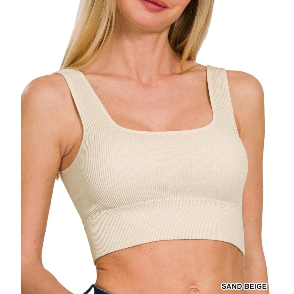 Zenana Sand Beige L/XL Ribbed Square Neck Bralette w/ pads‎ Brami Crop Top 6134